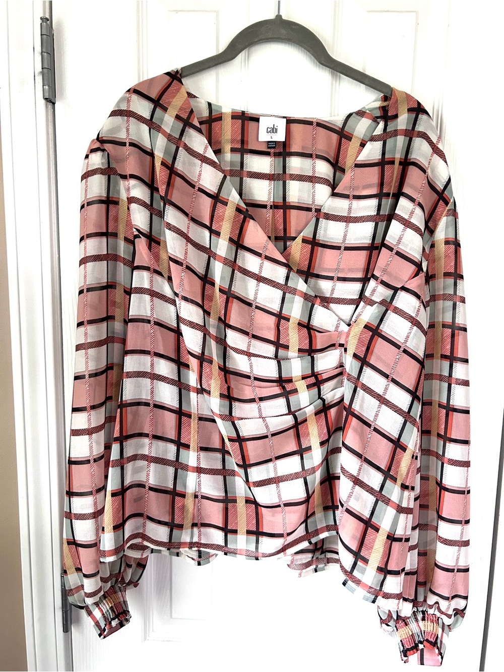 CAbi Plaid Wrap Front Blouse Size Large